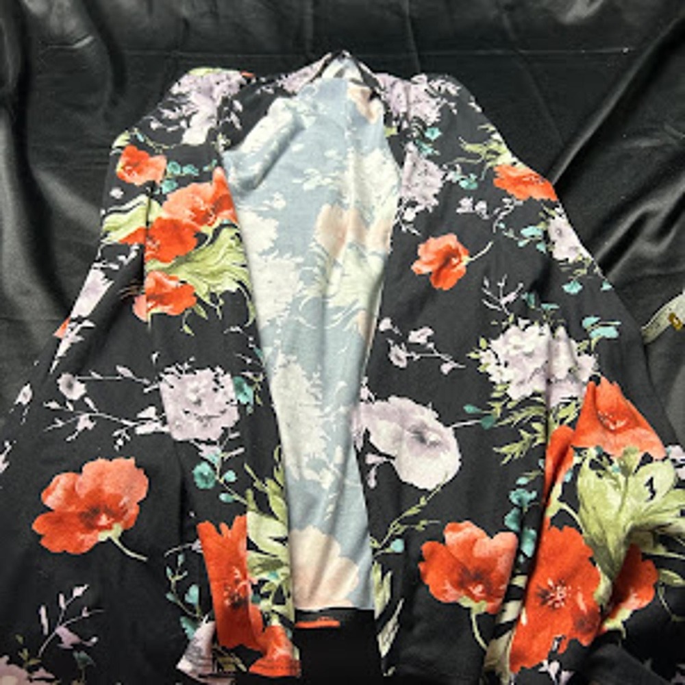 Popana Floral Cardigan Black Orange Purple Open Front Lightweight 3X USA Made